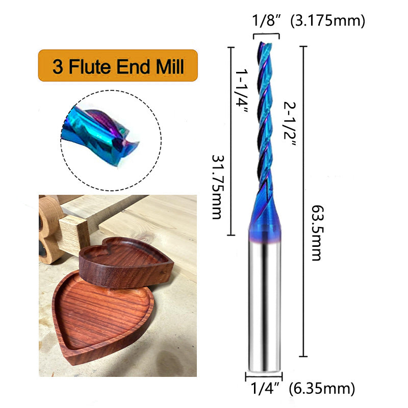 1/8" Upcut Spiral CNC Router Bits, 1/4" Shank, 3-Flute Extra Long Carbide End Mills for Wood, PVC, MDF Engraving