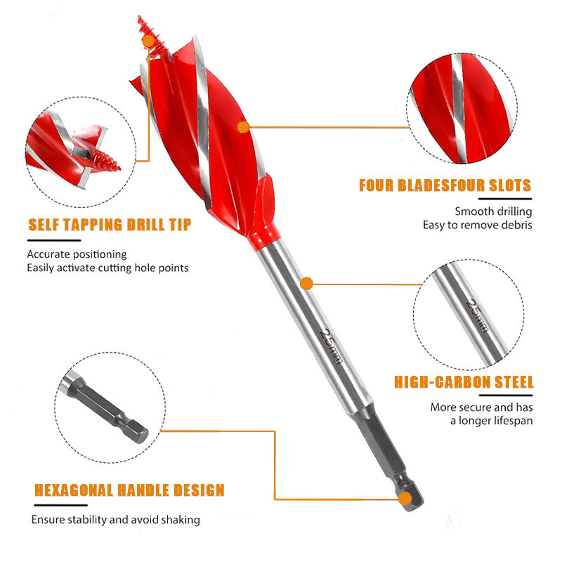 8PCS Wood Auger Drill Bit Set High Carbon Steel 1/4" Hex Shank 4 Flute Spiral Split Point for Woodworking and Plastic