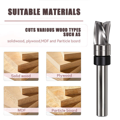 3 Flute Downcut Flush Trim Router Bit with Top Bearing, Carbide Spiral Pattern Template Bit for Woodworking