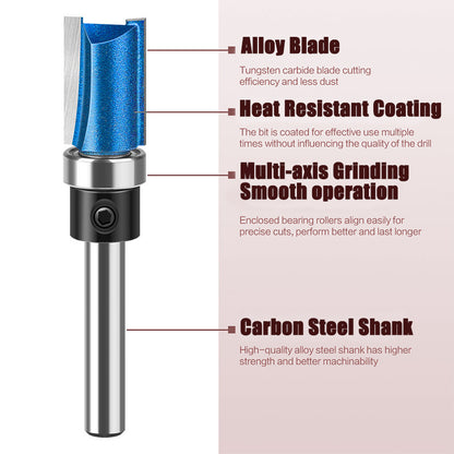 5PCS Flush Trim Router Bit Set 1/4" Shank, Bottom Bearing Carbide Pattern Straight Bits for Wood Trimming & Slot Cutting
