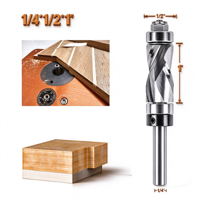 Double Bearing Spiral Flush Trim Router Bit, 1/4" Shank, 1/2" Cutting Diameter Compression Cutter for Woodworking