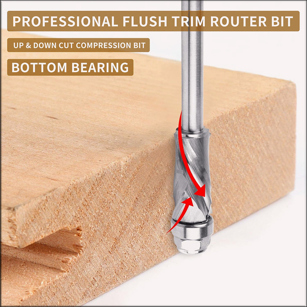 Bottom Bearing Compression Spiral Flush Trim Router Bits, Solid Carbide, CNC Pattern and Template for Wood Trimming