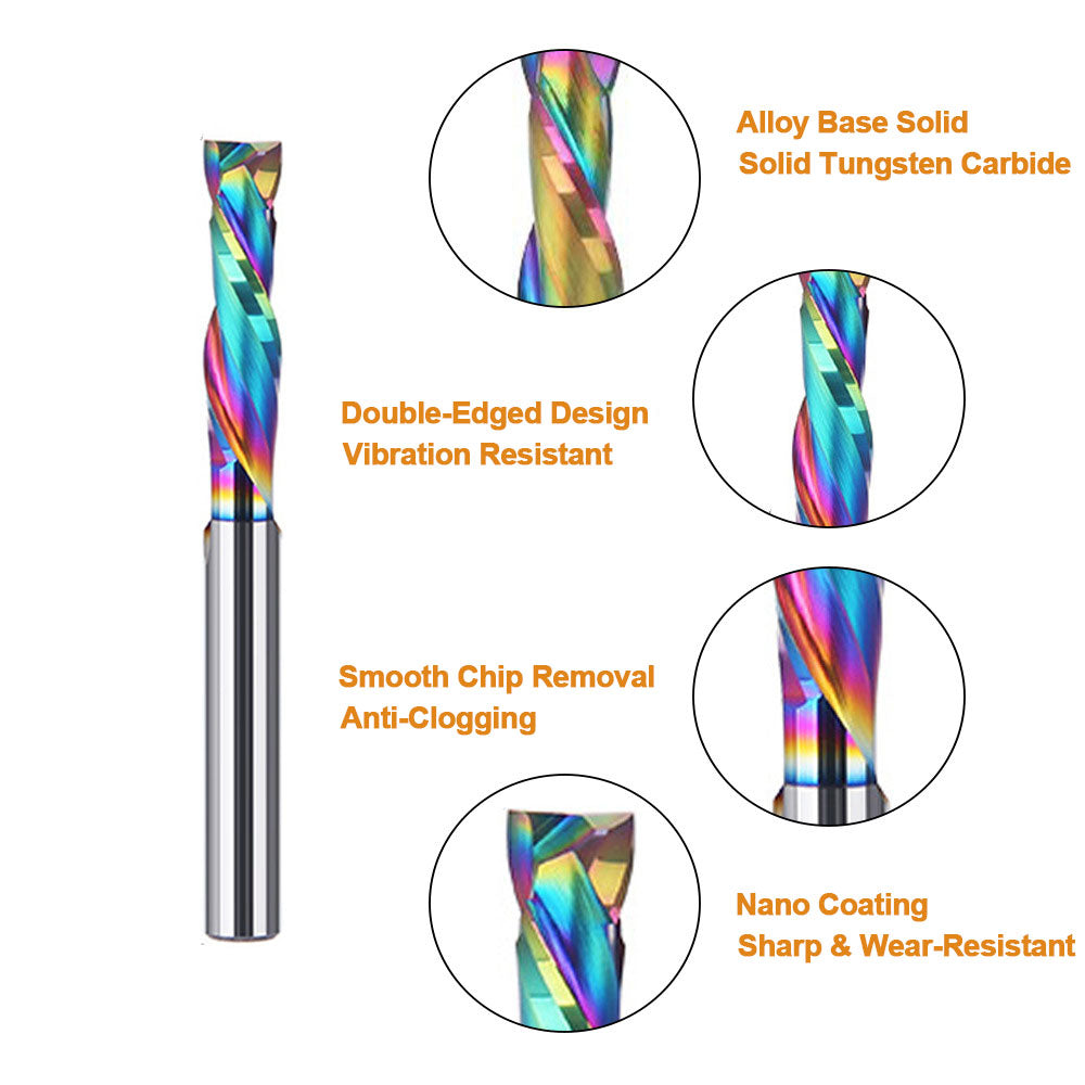 1/4" Double-Edged Compound Milling Cutter Spiral Tungsten Carbide Router Bit DLC Rainbow Coated CNC Tool