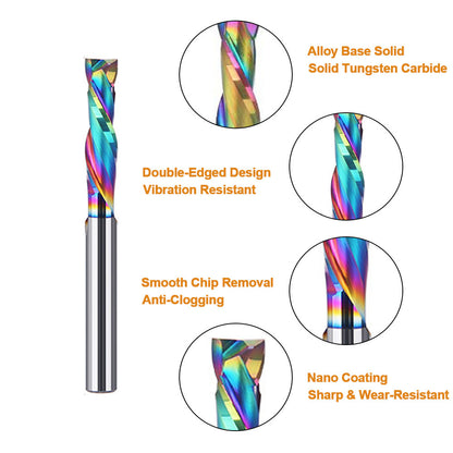 1/4" Double-Edged Compound Milling Cutter Spiral Tungsten Carbide Router Bit DLC Rainbow Coated CNC Tool