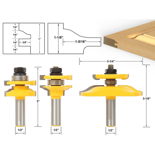 Ogee 3 Bit 1/2" Shank Raised Panel Cabinet Door Router Bit Set with Back cutter Panel Raiser