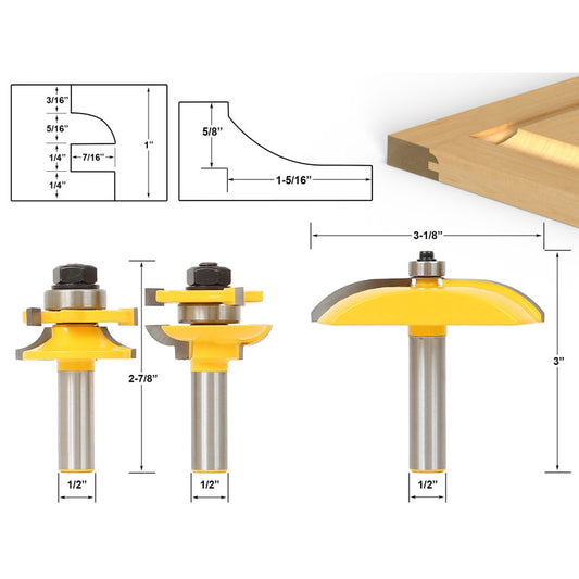 Round Over 3 Bit 1/2" Shank Raised Panel Cabinet Door Router Bit Set