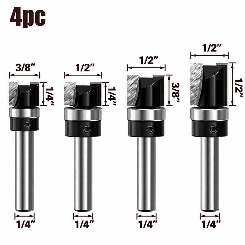 4 Piece Flush Trim Router Bit Set, 1/4" Shank, Carbide Tipped Top Bearing Pattern & Straight Trim Bits