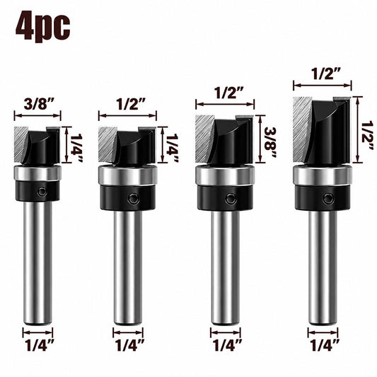4 Piece Flush Trim Router Bit Set, 1/4" Shank, Carbide Tipped Top Bearing Pattern & Straight Trim Bits