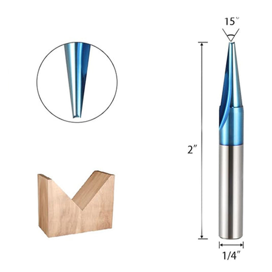 1/4" Shank CNC Wood Carving Router Bit Tungsten Carbide Nano Blue Coating for V-Groove Chamfering and Engraving
