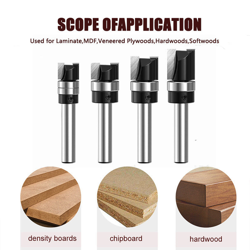 4 Piece Flush Trim Router Bit Set, 1/4" Shank, Carbide Tipped Top Bearing Pattern & Straight Trim Bits