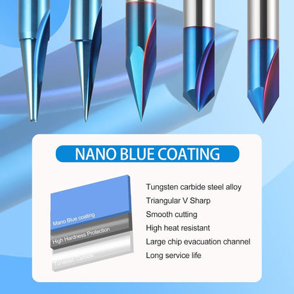 1/4" Shank CNC Wood Carving Router Bit Tungsten Carbide Nano Blue Coating for V-Groove Chamfering and Engraving
