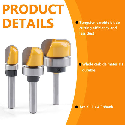 3Pcs Bowl & Tray Template Router Bit Set, 1/4″ Shank Carbide Round Nose with Bearing