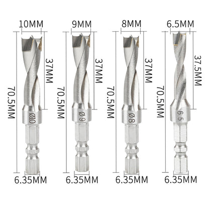4PCS Hexagonal Handle Drill Bit Set 6.5/8/9/10mm Three-Point Carbide Blade Woodworking Drill for Wood Plastic Metal