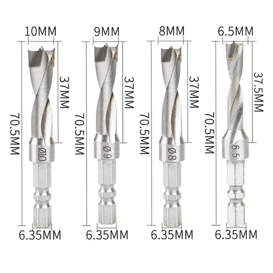 4PCS Hexagonal Handle Drill Bit Set 6.5/8/9/10mm Three-Point Carbide Blade Woodworking Drill for Wood Plastic Metal