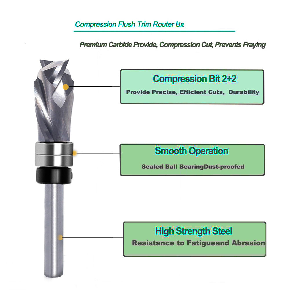 Compression Flush Trim Router Bit Top Bearing for Wood Edge Trimming Slotting Groove Routing and Bottom Cleaning