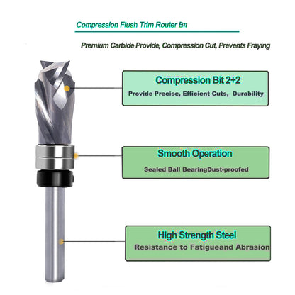 Compression Flush Trim Router Bit Top Bearing for Wood Edge Trimming Slotting Groove Routing and Bottom Cleaning