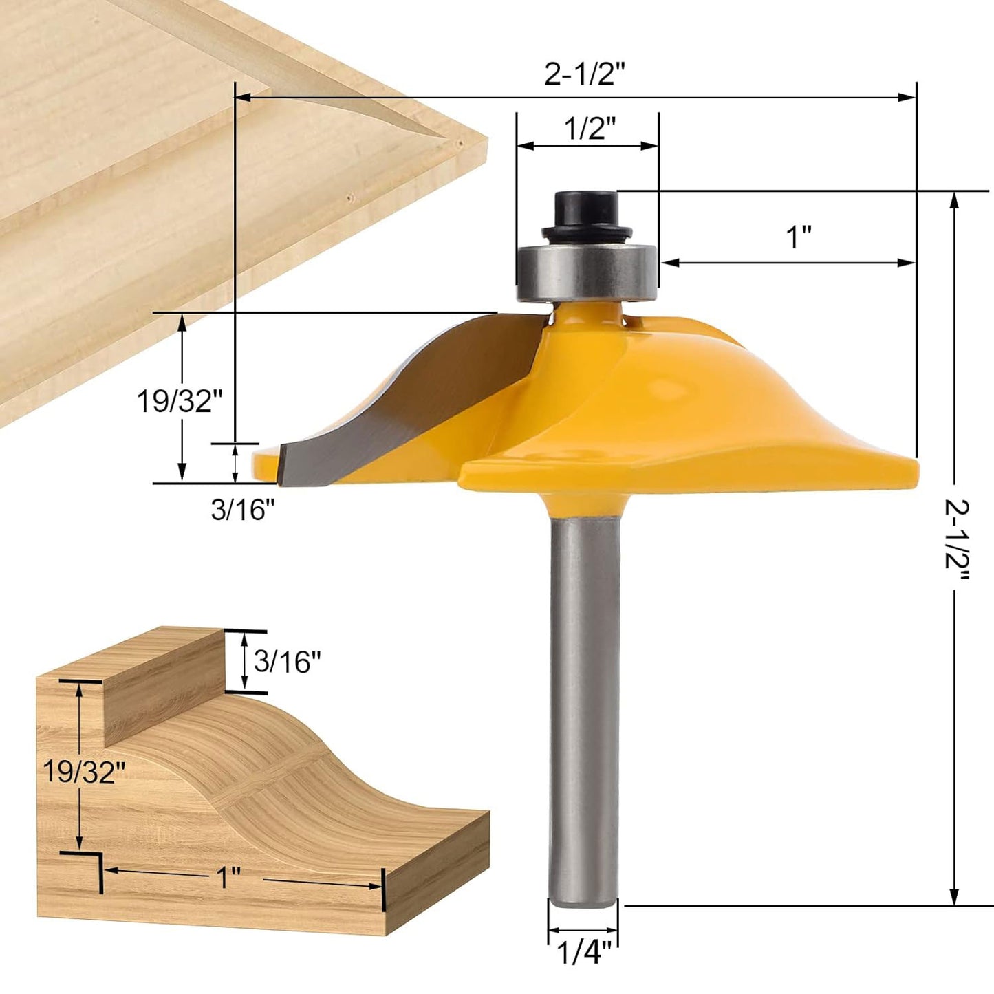 3PCS 1/4" Shank Router Bit Set, Raised Panel Cabinet Door Making, Cemented Carbide, Tenon Joint Cutter 1-5/8", Woodworking Door & Window Bits