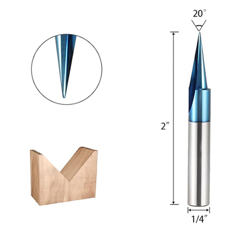 1/4" Shank CNC Wood Carving Router Bit Tungsten Carbide Nano Blue Coating for V-Groove Chamfering and Engraving