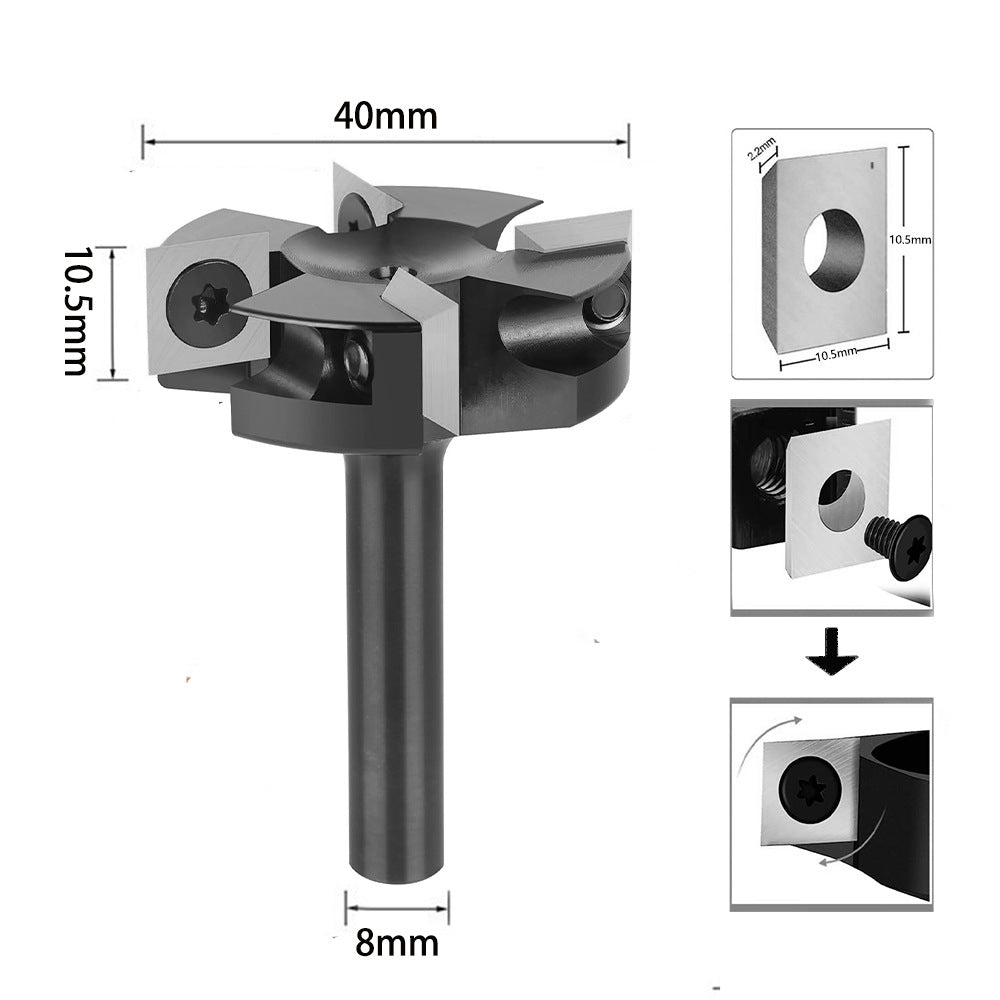 4-Wing Indexable Planer Bit with 8 Replaceable Carbide Inserts for CNC and Handheld Wood Surfacing