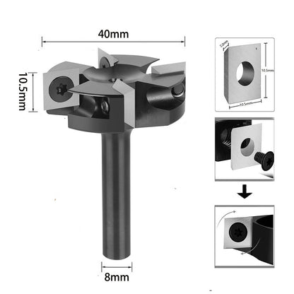 4-Wing Indexable Planer Bit with 8 Replaceable Carbide Inserts for CNC and Handheld Wood Surfacing