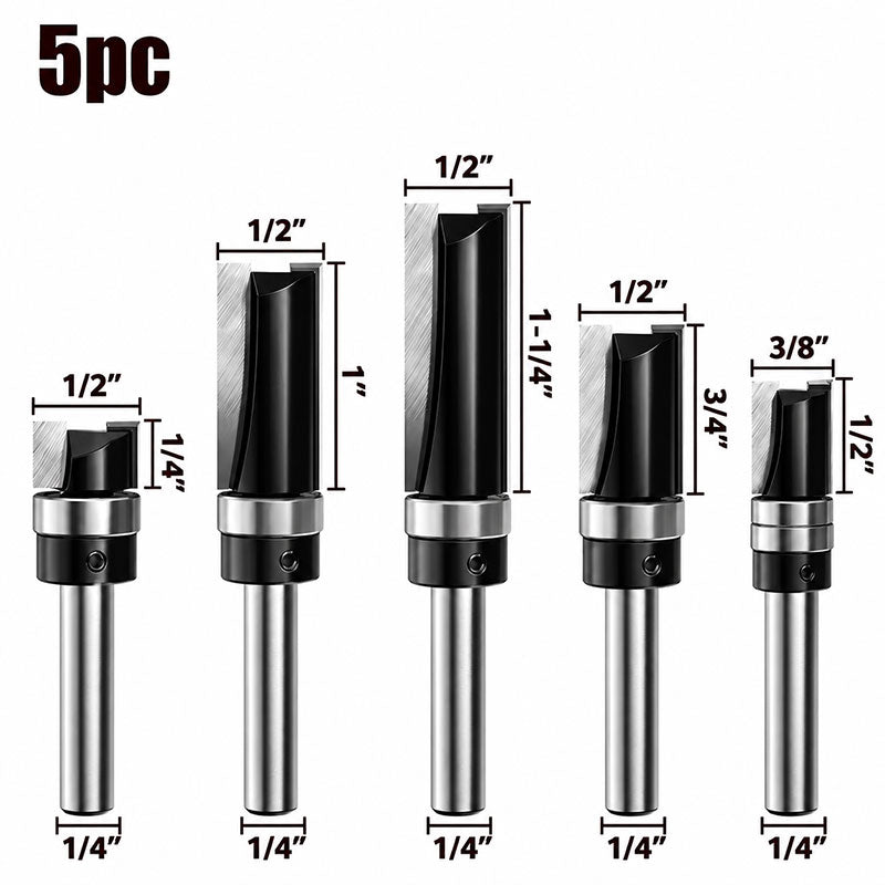 5 Piece Flush Trim Router Bit Set, 1/4" Shank, Carbide Tipped Top Bearing Pattern & Straight Trim Bits