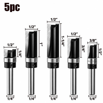 5 Piece Flush Trim Router Bit Set, 1/4" Shank, Carbide Tipped Top Bearing Pattern & Straight Trim Bits