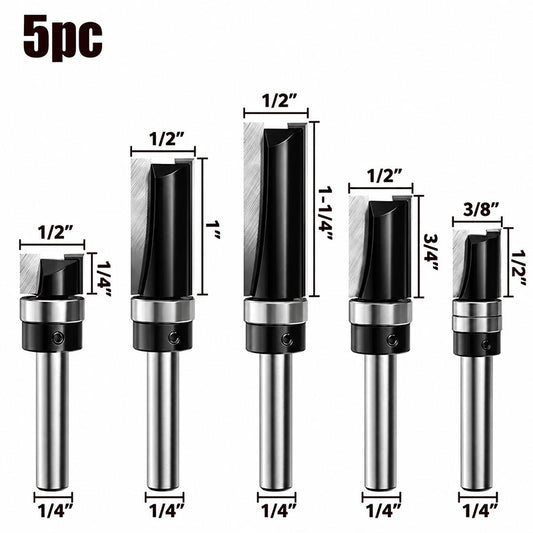 5 Piece Flush Trim Router Bit Set, 1/4" Shank, Carbide Tipped Top Bearing Pattern & Straight Trim Bits