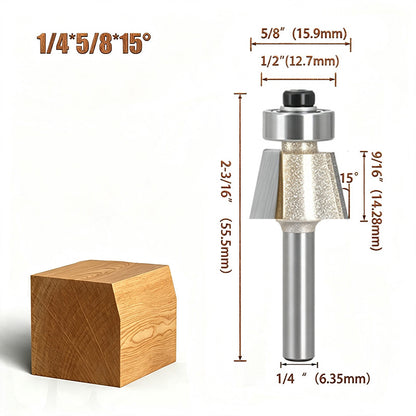 15° Bevel Trim Router Bit with Bearing, Carbide Chamfer Edge Trimming Bit