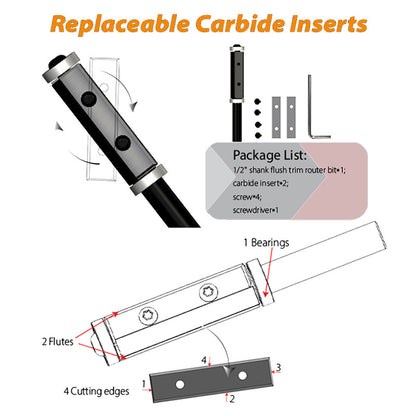 12mm 12.7mm Wood Flush Trim Router Bit Straight Double Flute Bearing Replaceable Carbide Inserts