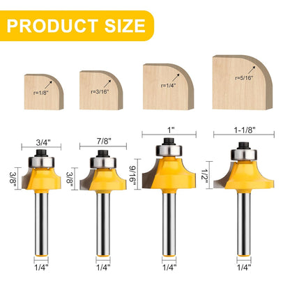 4 Pcs Roundover Router Bit Set with Bearing Guide, 1/4 Inch Shank, Radius 1/8", 3/16", 1/4", 5/16" for Edge Rounding