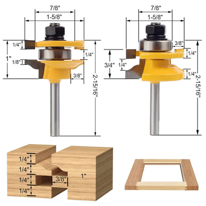 3PCS 1/4" Shank Router Bit Set, Raised Panel Cabinet Door Making, Cemented Carbide, Tenon Joint Cutter 1-5/8", Woodworking Door & Window Bits