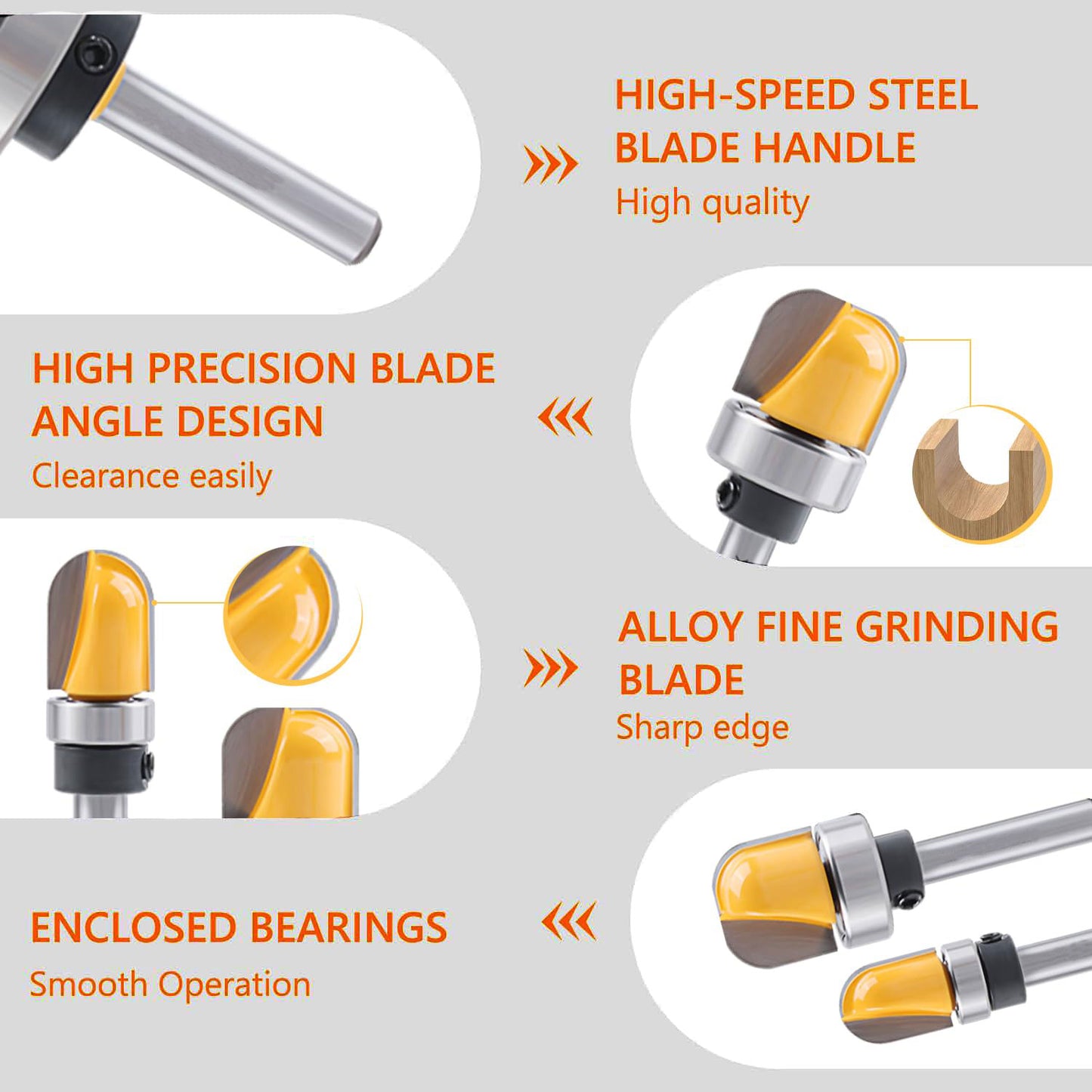 3Pcs Bowl & Tray Template Router Bit Set, 1/4″ Shank Carbide Round Nose with Bearing