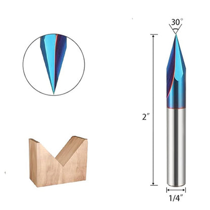1/4" Shank CNC Wood Carving Router Bit Tungsten Carbide Nano Blue Coating for V-Groove Chamfering and Engraving
