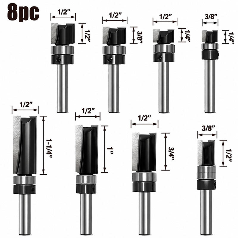 8 Piece Flush Trim Router Bit Set, 1/4" Shank, Carbide Tipped Top Bearing Pattern & Straight Trim Bits