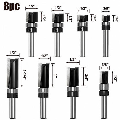 8 Piece Flush Trim Router Bit Set, 1/4" Shank, Carbide Tipped Top Bearing Pattern & Straight Trim Bits