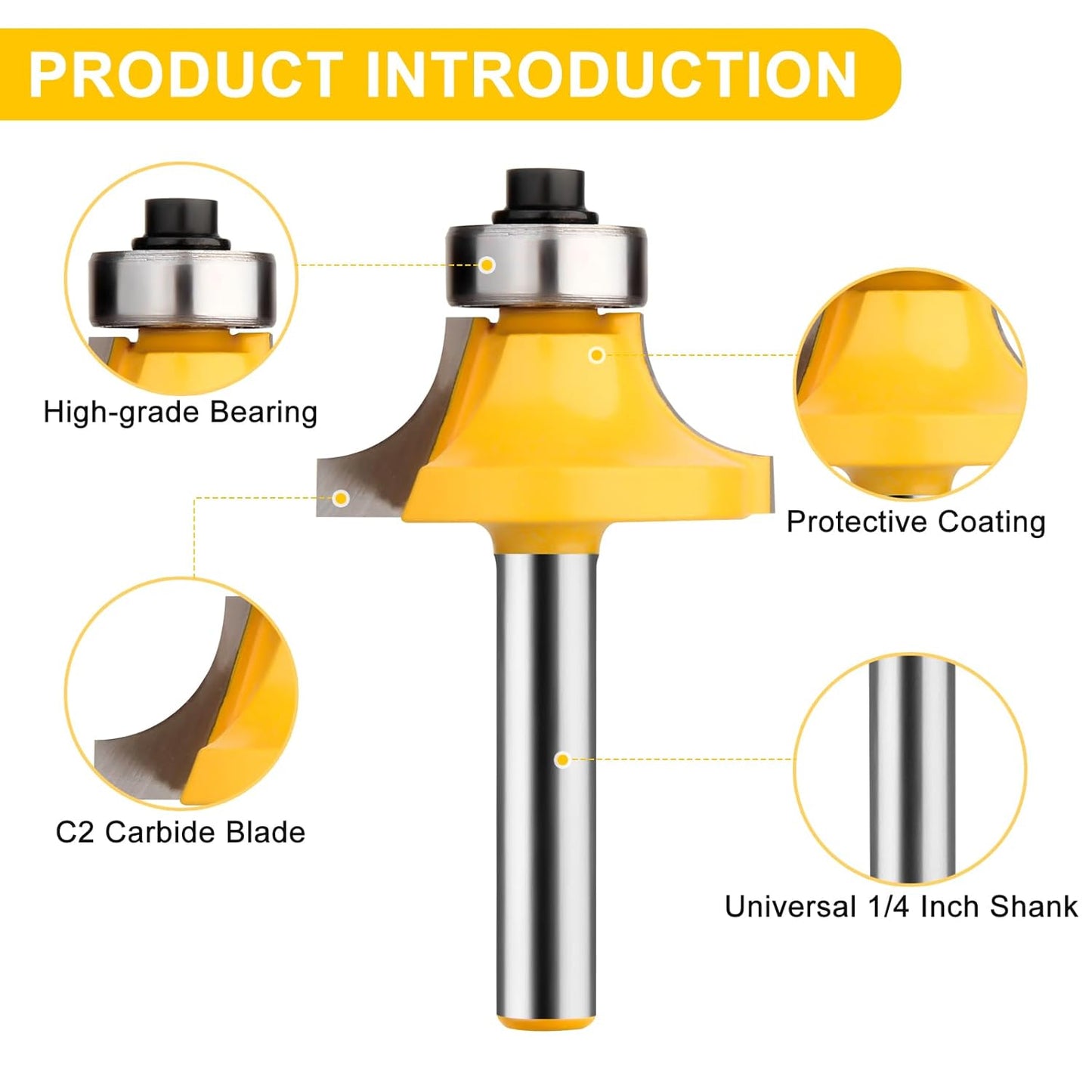 4 Pcs Roundover Router Bit Set with Bearing Guide, 1/4 Inch Shank, Radius 1/8", 3/16", 1/4", 5/16" for Edge Rounding