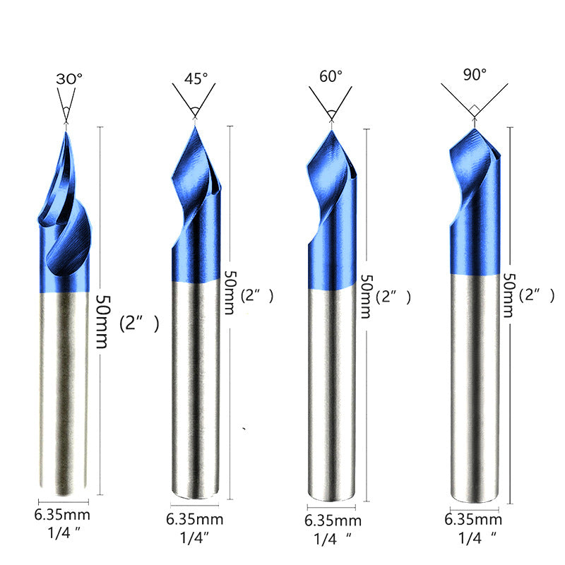 4PCS V Groove Router Bit Set 30°/45°/60°/90°, 1/4" Shank O Flute Engraving Bit for Wood Carving & Chamfering