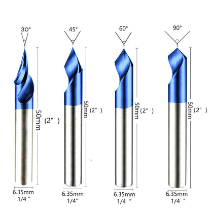 4PCS V Groove Router Bit Set 30°/45°/60°/90°, 1/4" Shank O Flute Engraving Bit for Wood Carving & Chamfering