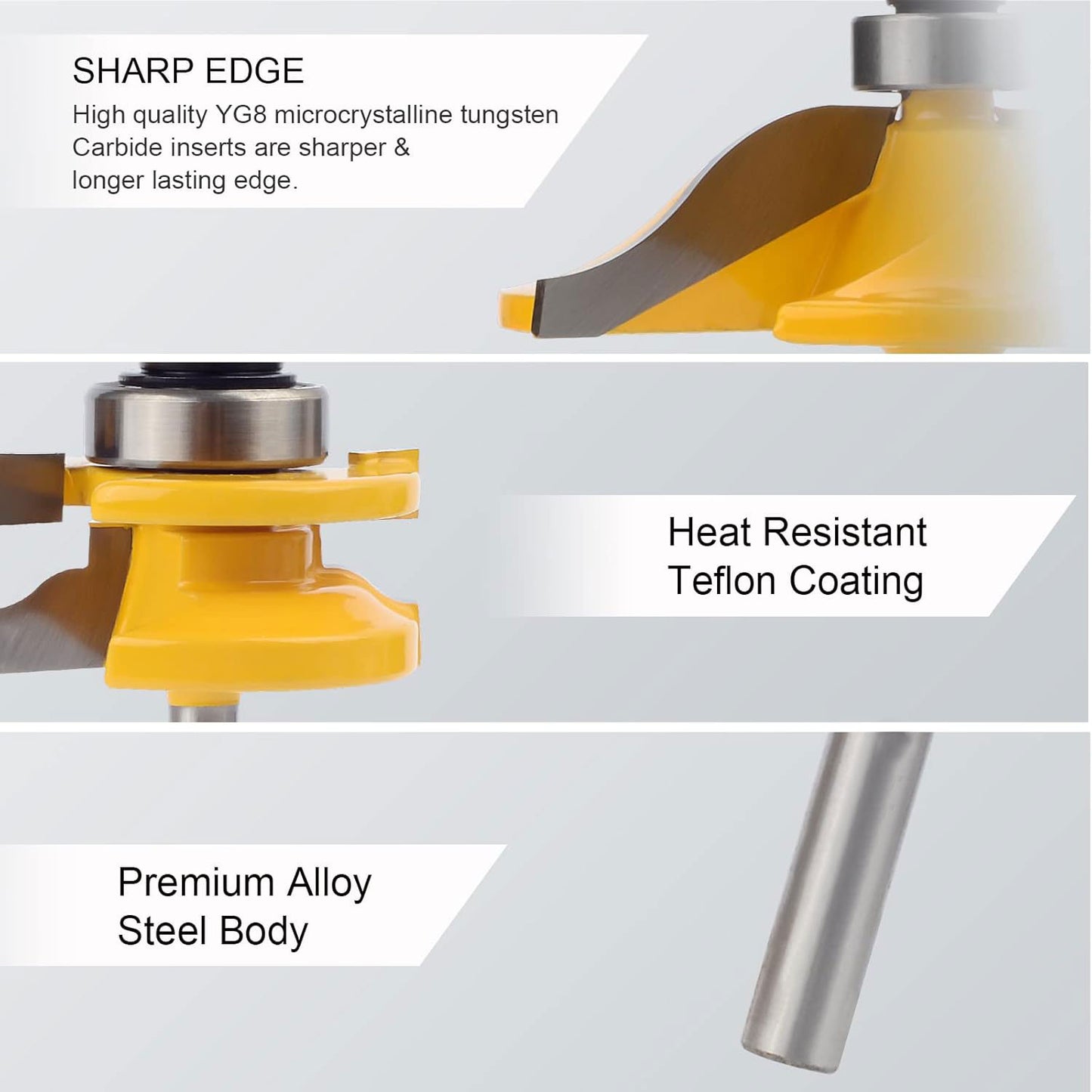 3PCS 1/4" Shank Router Bit Set, Raised Panel Cabinet Door Making, Cemented Carbide, Tenon Joint Cutter 1-5/8", Woodworking Door & Window Bits