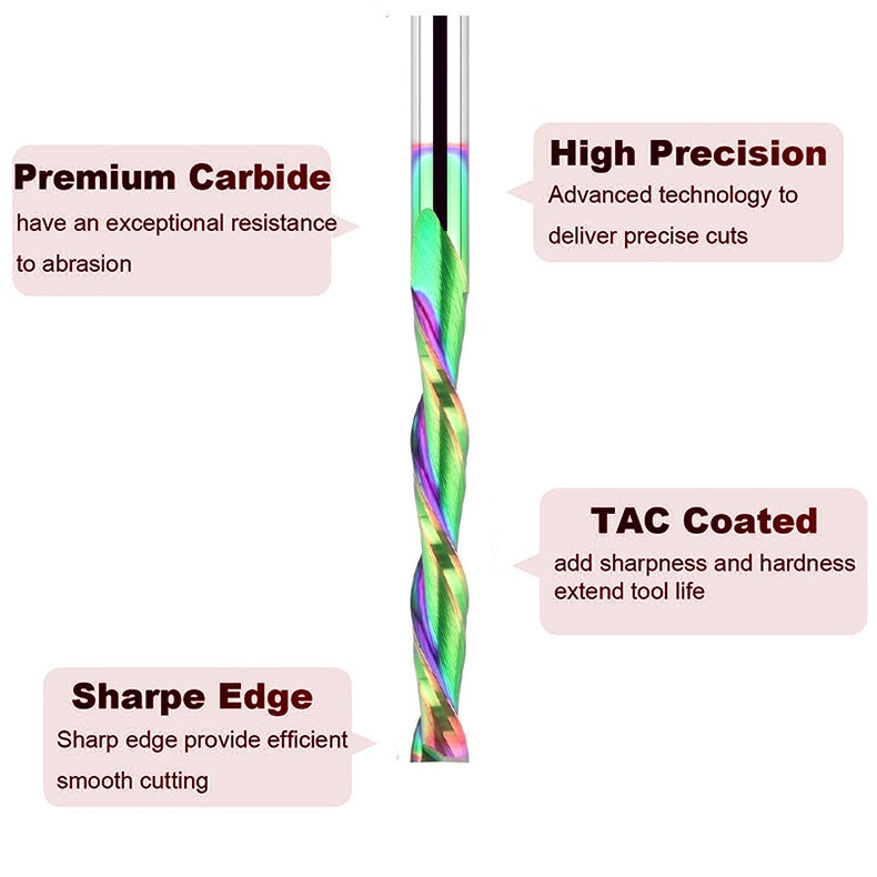 Compression Spiral Router Bit, 2" Cutting Length, 4" Overall Length, TAC Coated Carbide CNC Router Bit for Wood Carving