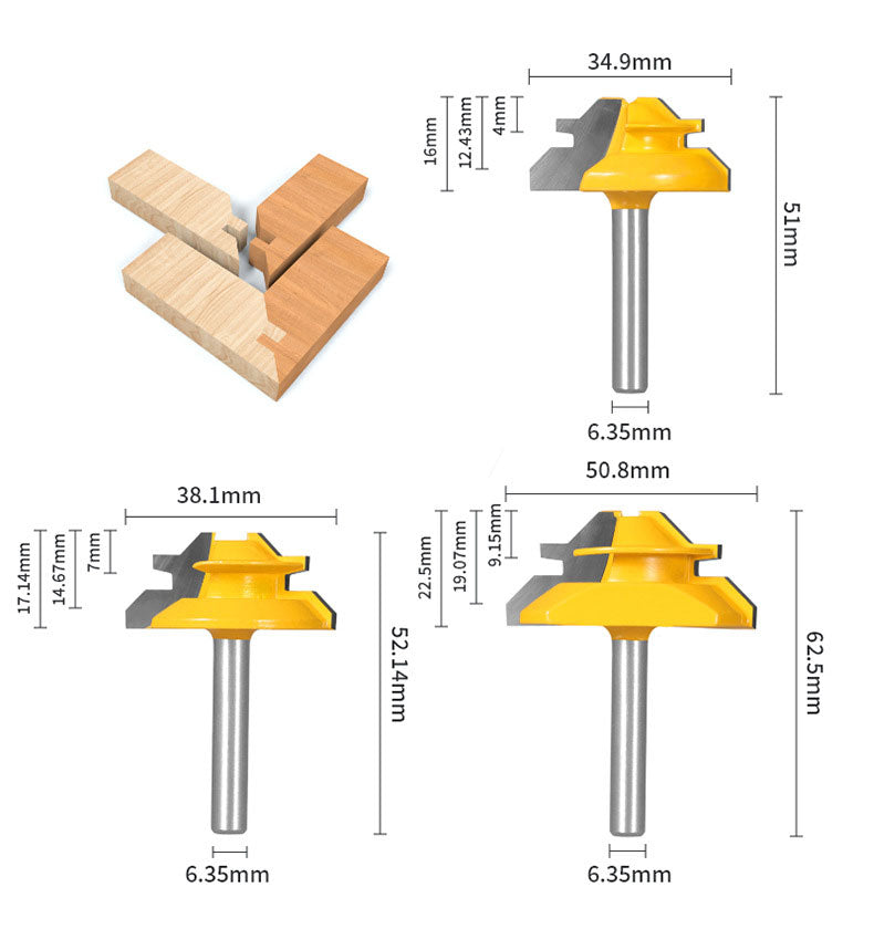 1PC or 3PCS 1/4" Shank 45° Lock Miter Router Bit Tungsten Carbide Woodworking Milling Cutter