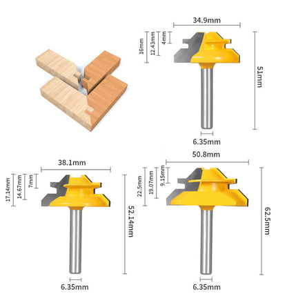1PC or 3PCS 1/4" Shank 45° Lock Miter Router Bit Tungsten Carbide Woodworking Milling Cutter