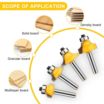 4 Pcs Roundover Router Bit Set with Bearing Guide, 1/4 Inch Shank, Radius 1/8", 3/16", 1/4", 5/16" for Edge Rounding