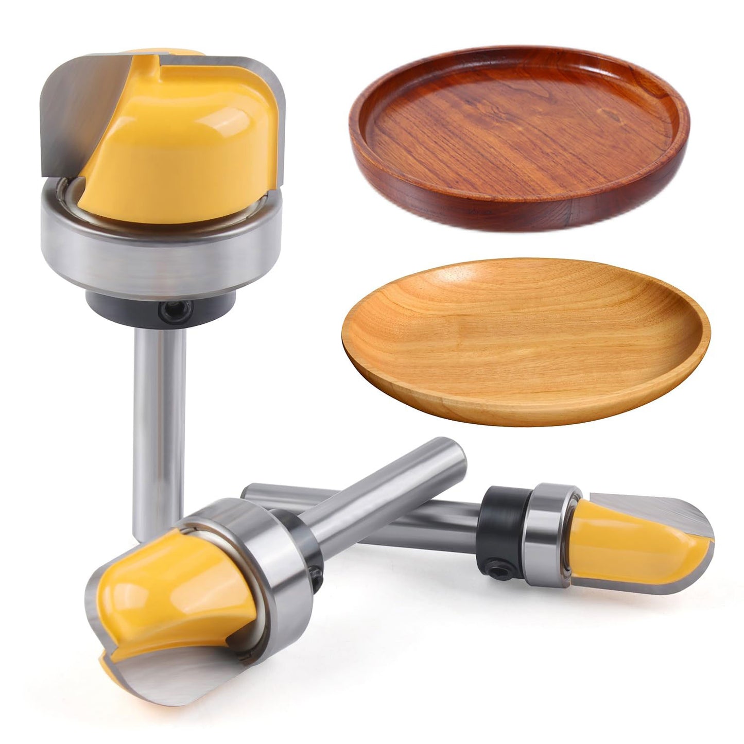 3Pcs Bowl & Tray Template Router Bit Set, 1/4″ Shank Carbide Round Nose with Bearing