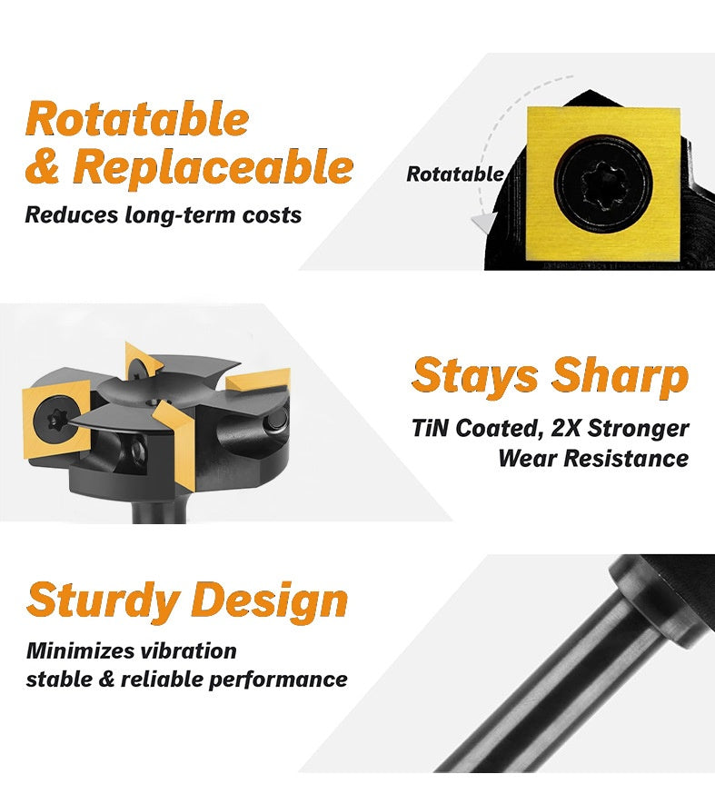4-Wing Indexable Planer Bit with 8 Replaceable Carbide Inserts for CNC and Handheld Wood Surfacing