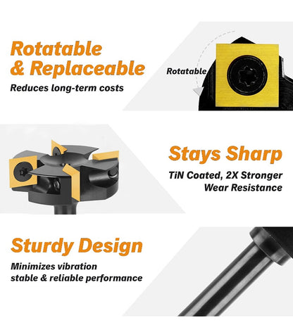 4-Wing Indexable Planer Bit with 8 Replaceable Carbide Inserts for CNC and Handheld Wood Surfacing