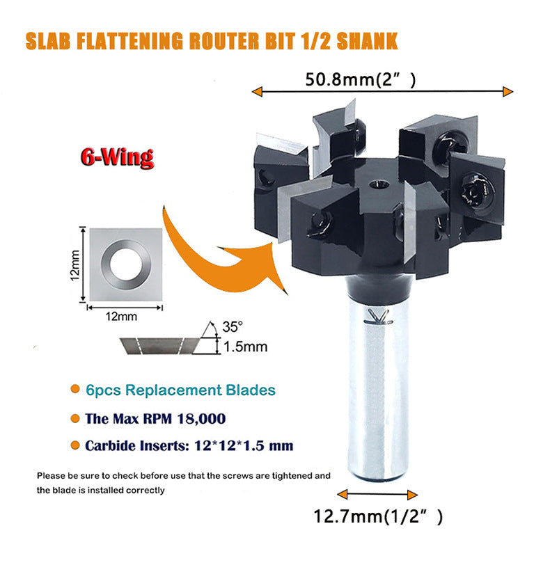 6‑Wing Slab Flattening Router Bit 1/2" Shank 2" Cutting Dia Carbide Insert CNC Spoilboard Flycutter Slab Leveler Rabbeting Wood Planer Bit