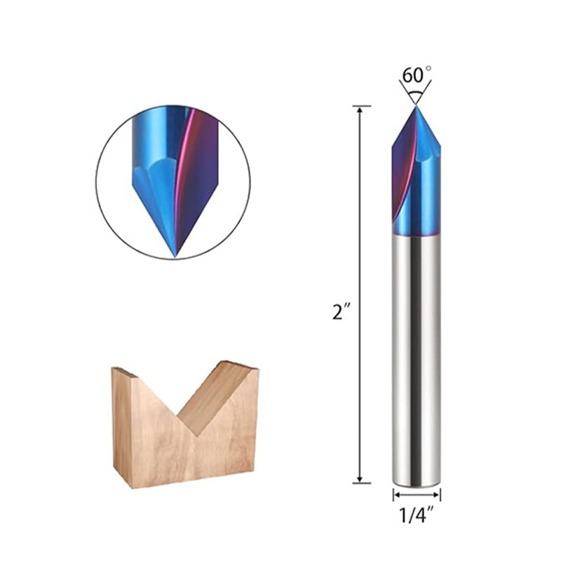 1/4" Shank CNC Wood Carving Router Bit Tungsten Carbide Nano Blue Coating for V-Groove Chamfering and Engraving