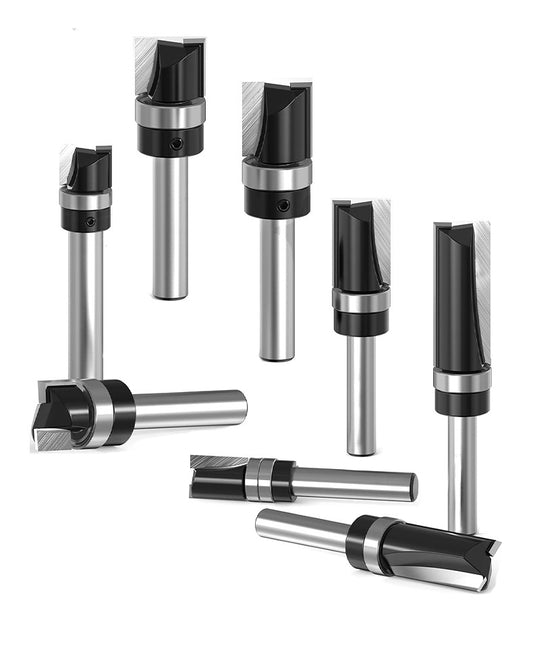 8 Piece Flush Trim Router Bit Set, 1/4" Shank, Carbide Tipped Top Bearing Pattern & Straight Trim Bits