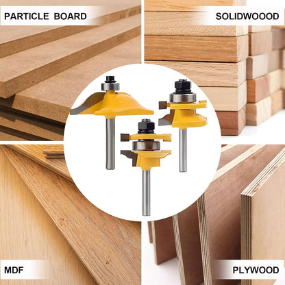 3PCS 1/4" Shank Router Bit Set, Raised Panel Cabinet Door Making, Cemented Carbide, Tenon Joint Cutter 1-5/8", Woodworking Door & Window Bits